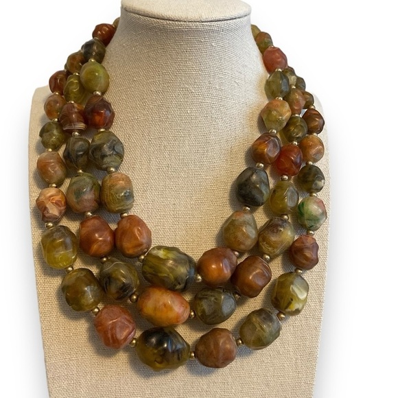 Coro Jewelry - Vintage Coro Necklace Beaded Three Strand Gold Tone